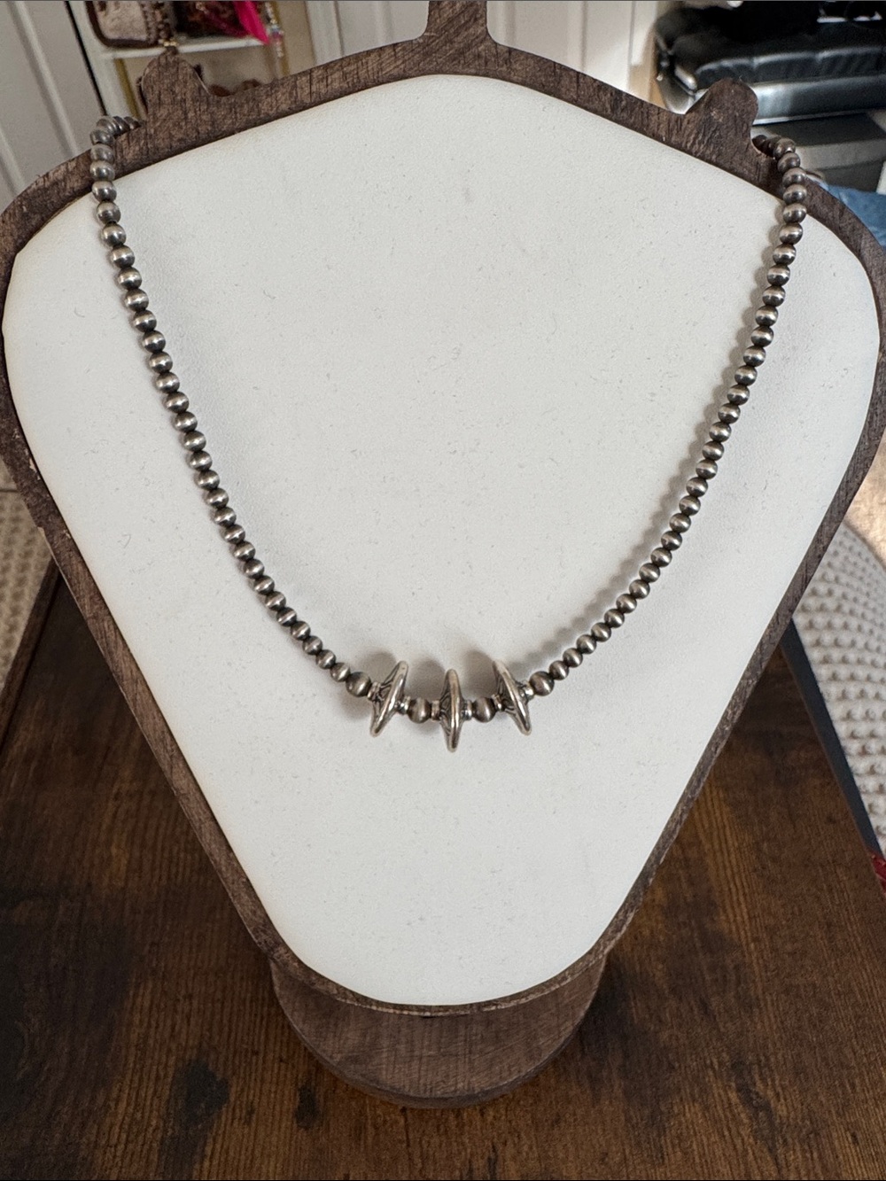 Sterling Silver Beaded Necklace with Modern Ring Accents